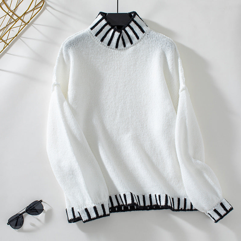 Loose-Fit Retro Color-Blocked Turtleneck Pullover Sweater