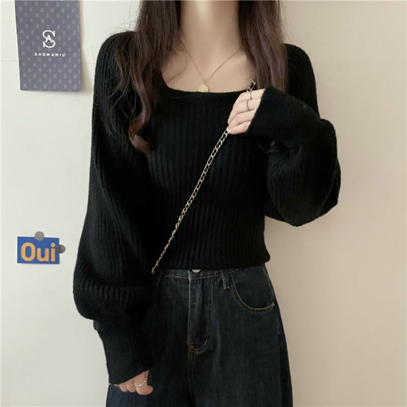 Western Style Low Collar Slim-Fit Long Sleeve Sweater Top