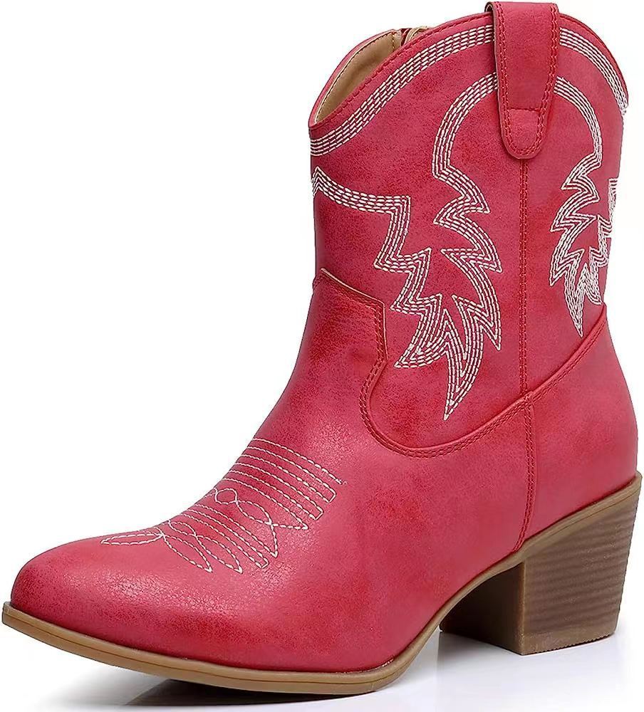 European and American Retro Chunky Heel Side Zip Western Denim Boots