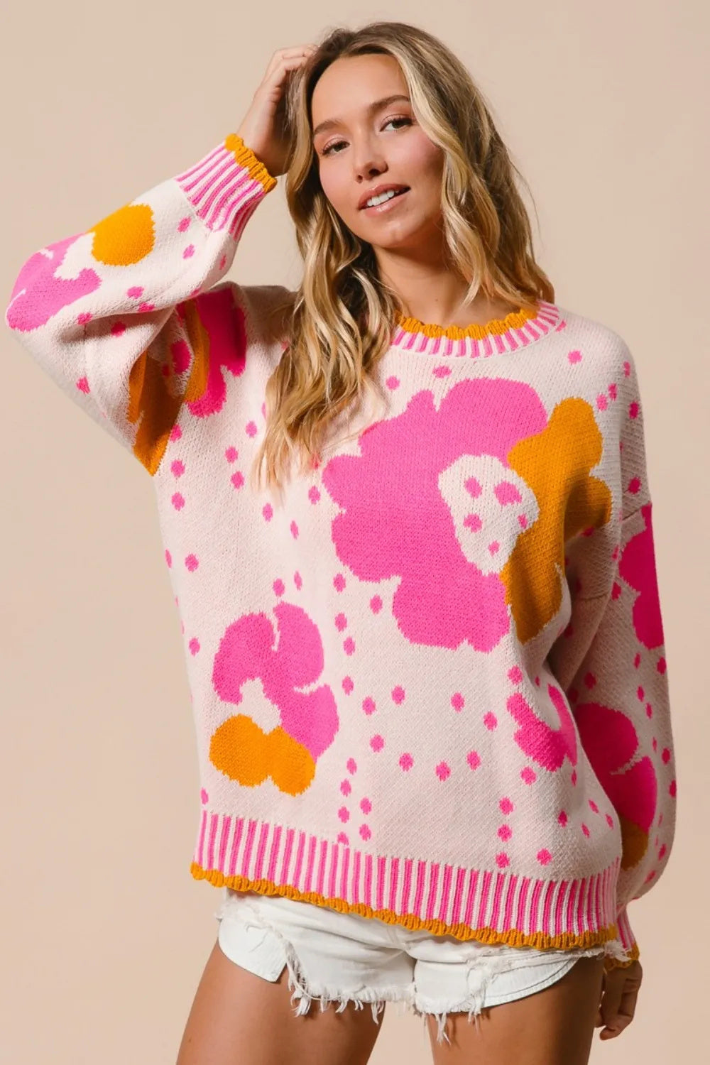 BiBi Flower Pattern Contrast Knit Sweater