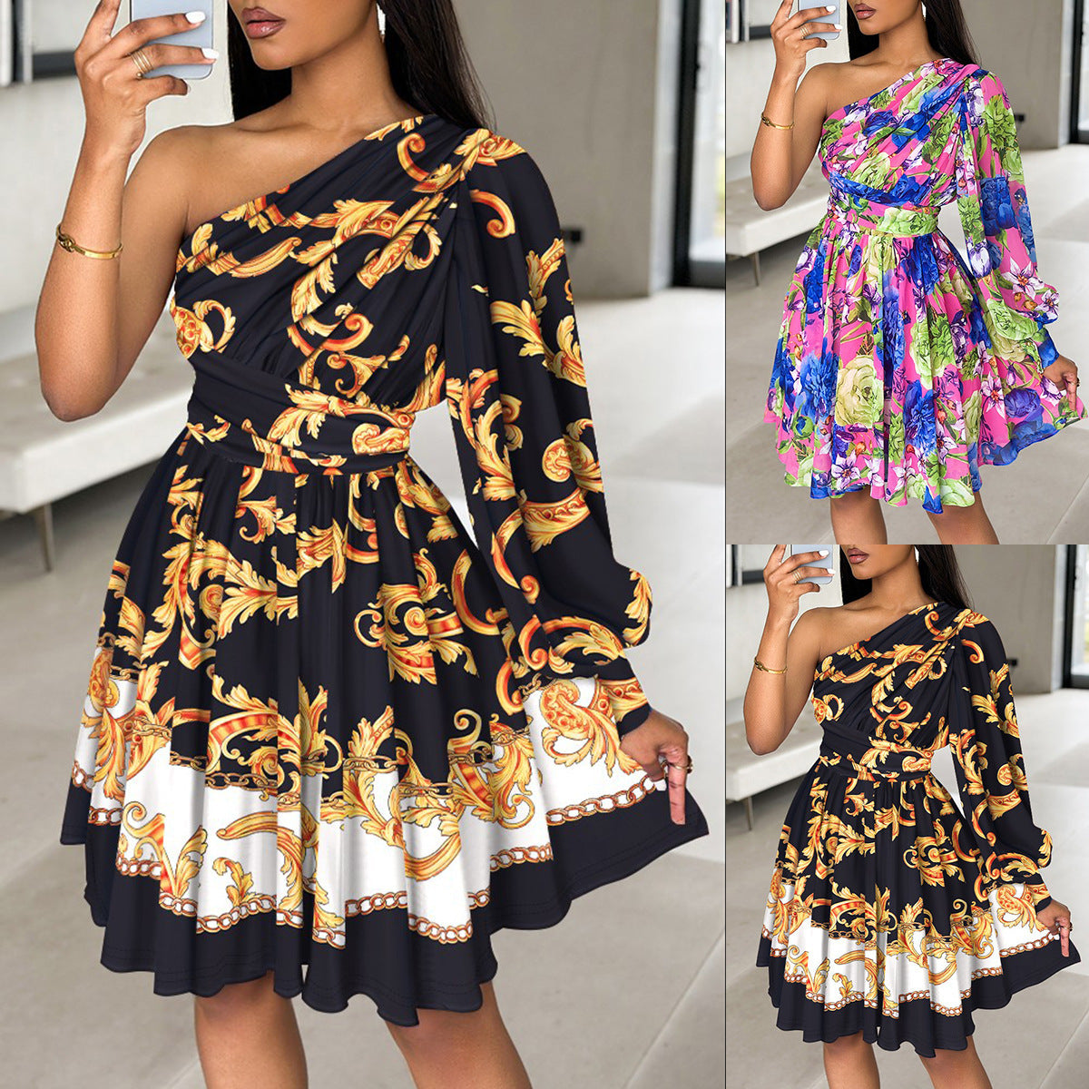 Women's Fashionable Shoulder-Baring Dress with Waist Trimming and Print