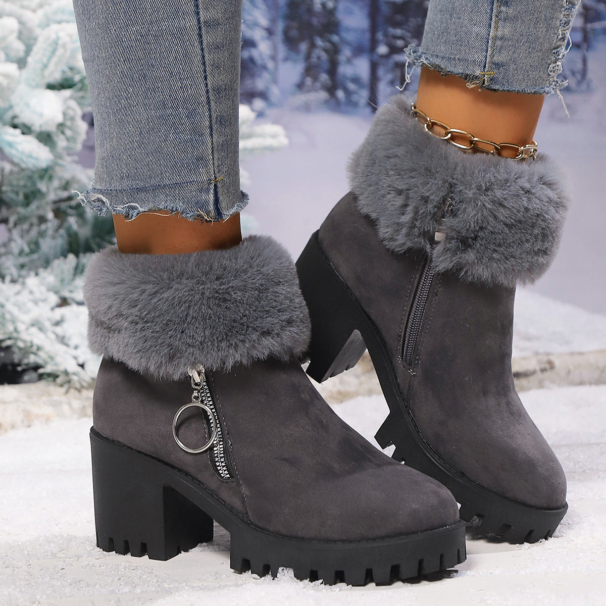 Women's Snow Velvet Thermal Thick-Heeled Short Boots – Winter Warm and Stylish Footwear