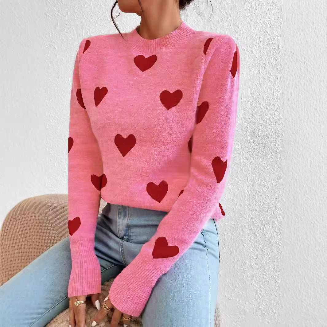 Leisure Heart Jacquard Long Sleeve Crew Neck Pullover Sweater for Women