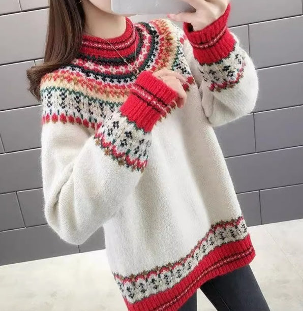 Women's Loose Vintage Jacquard Knit Sweater – Stylish Outerwear Top