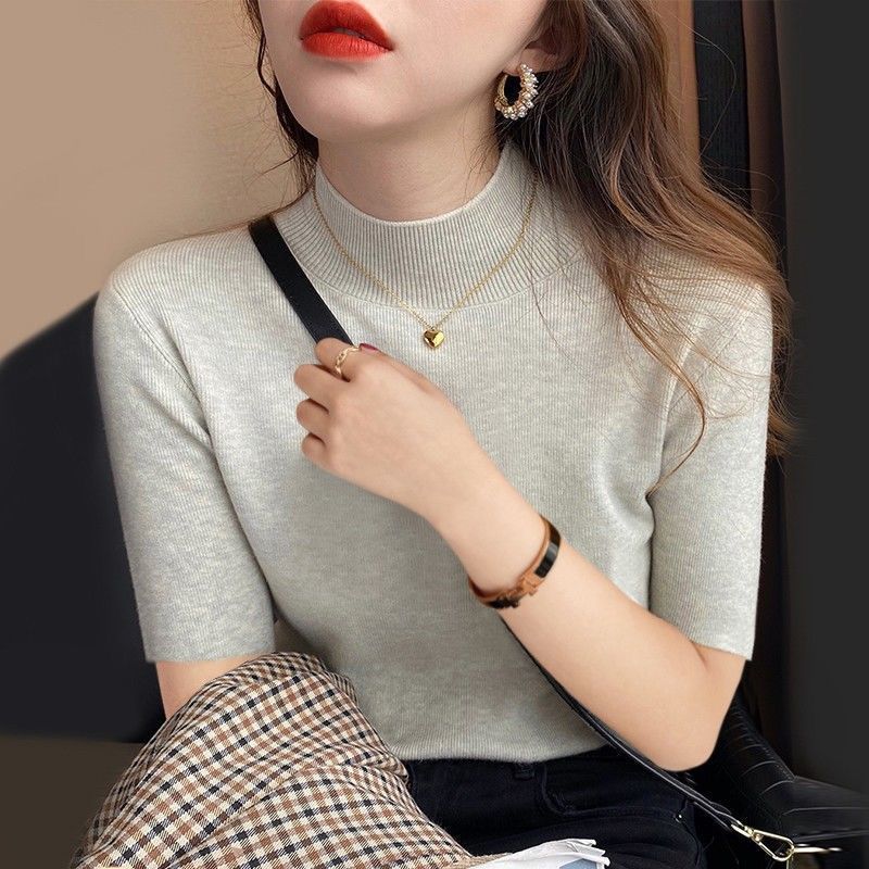 Solid Color Mock-Neck Mid-Length Sleeve Tight-Fitting Bottoming Shirt for Women