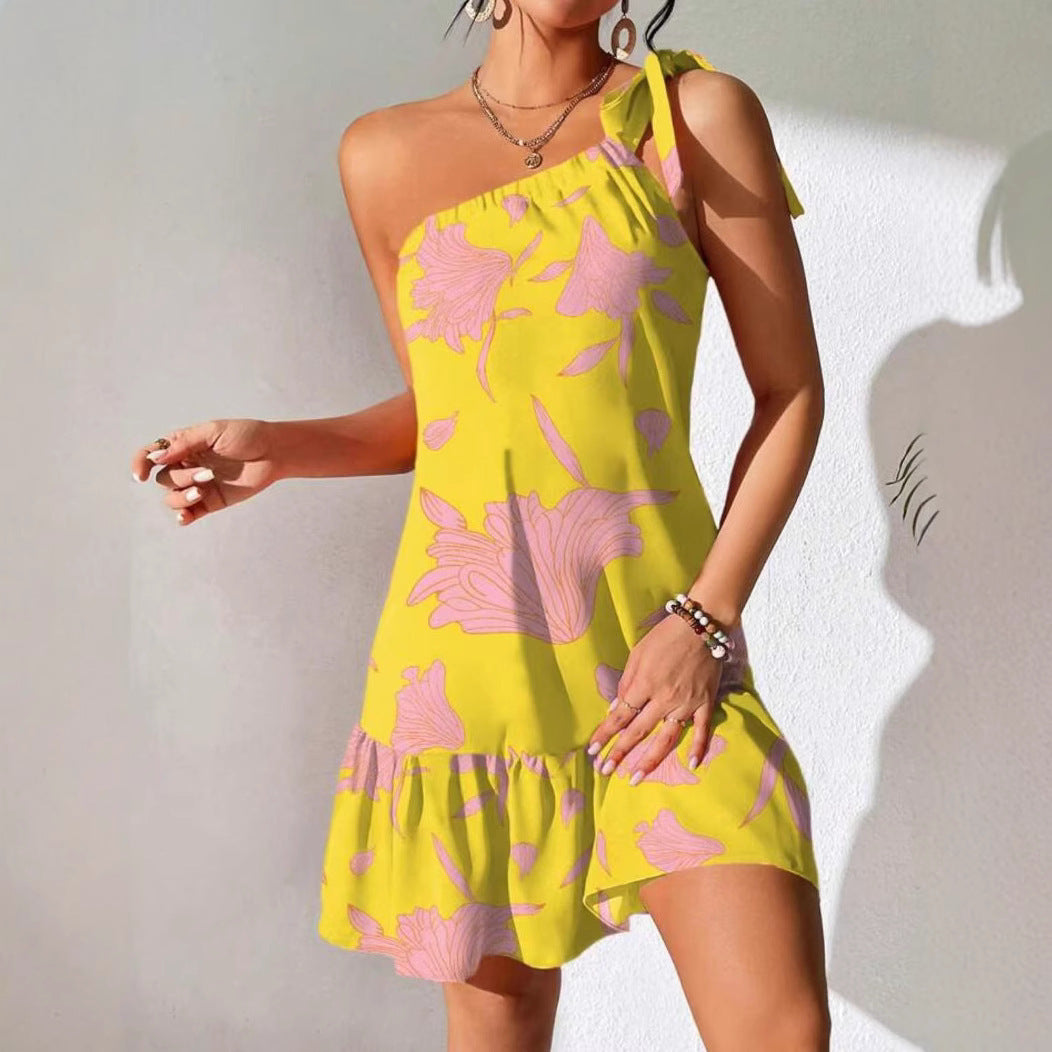 Women's Oblique Shoulder Strap Fashion Printing Dress