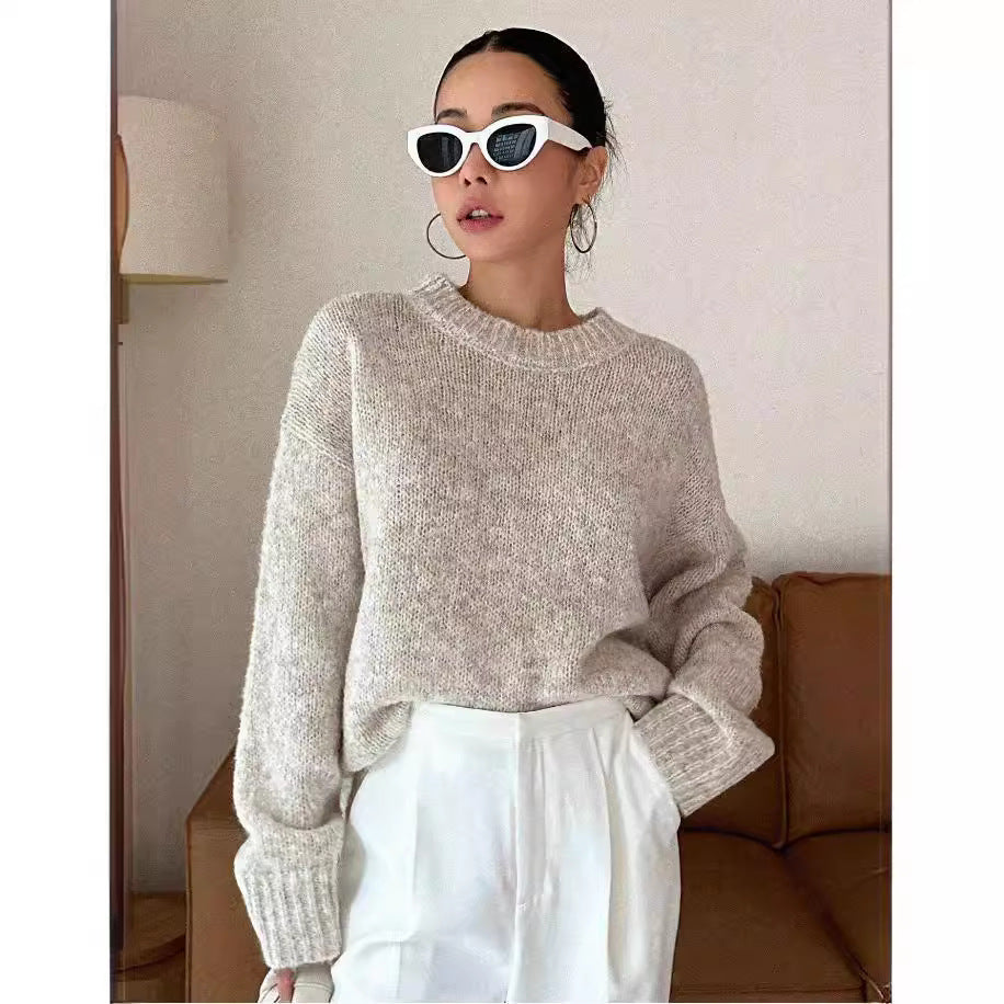 Women's Round Neck Long Sleeve Sweater with Drop-Shoulder Sleeves