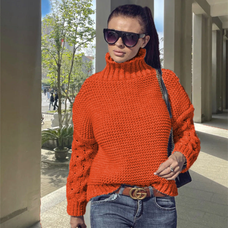 Women's Loose Cable-Knit Turtleneck Sweater – Solid Color Design