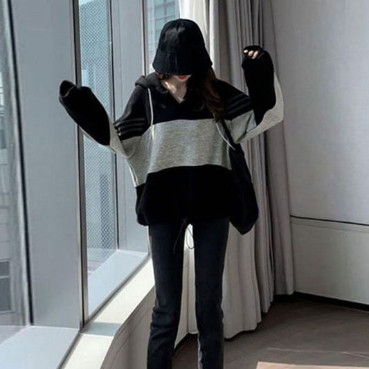 Korean Style Stitching Hooded Loose Pullover Top – Casual and Trendy