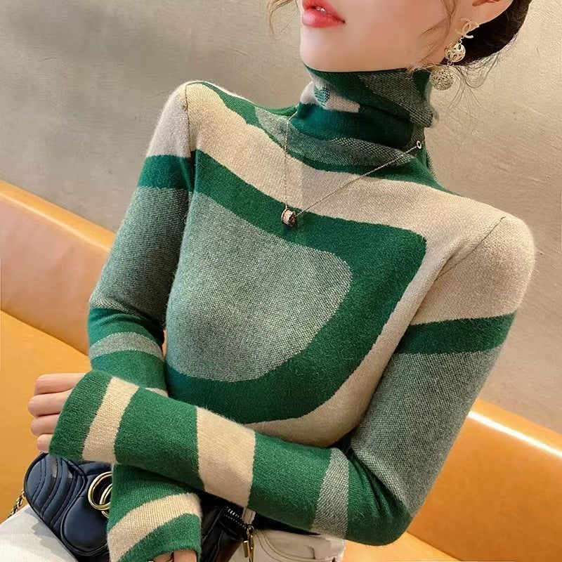 Women's Turtleneck Sweater with Contrast Color Design