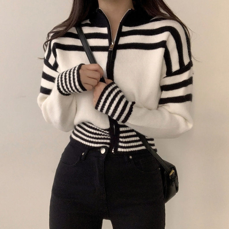 Short Striped Sweater Coat – Long Sleeve Casual Style