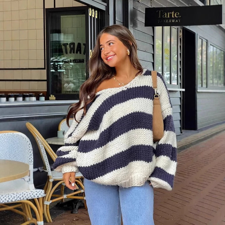 Fall and Winter Fashion Casual Loose Knitted Sweater – Oblique Shoulder Design