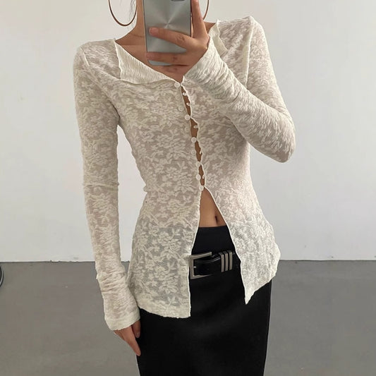 Stylish Sheer Lace Long-Sleeve Lightweight Cardigan T-Shirt