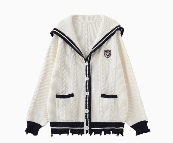 Preppy Style Loose Knit Coat with Insignia Embroidery and Raw Edges