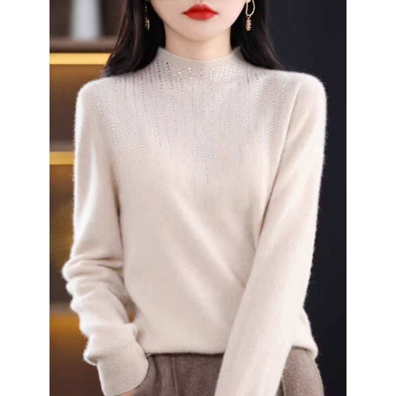 Women's Diamond-Embedded Half-Turtleneck Wool Sweater Pullover