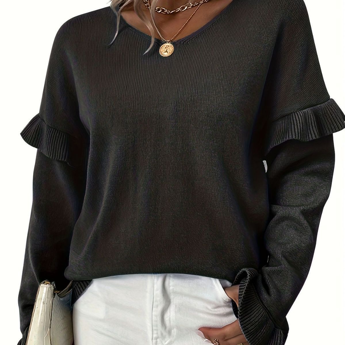 Solid Color V-Neck Sweater for Women with Petal Sleeves