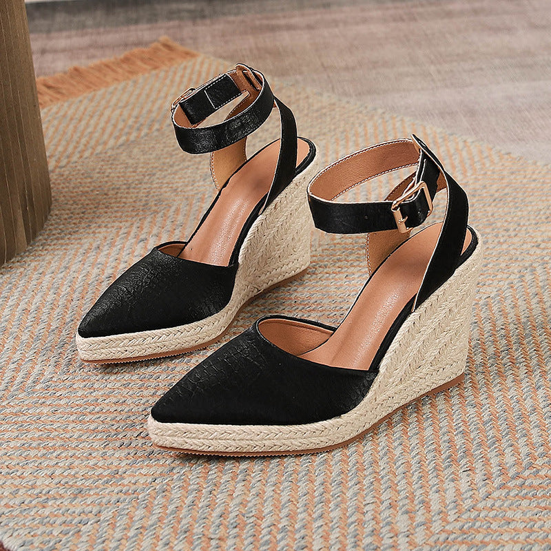 Women's Straw Woven Wedge Platform High Heel Pointed Toe Sandals