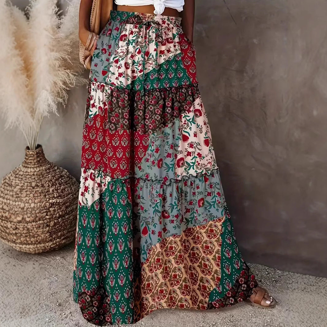 Printed Layered Patchwork Ruffle Gathered Skirt Women