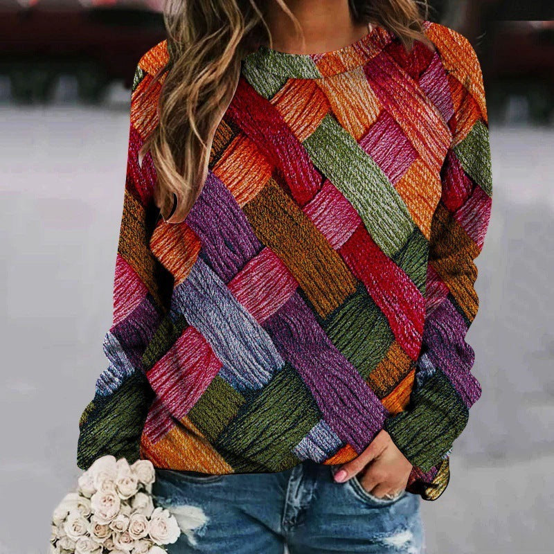 Creative Sweater with Printed Patchwork, Round Neck, and Raglan Long Sleeves