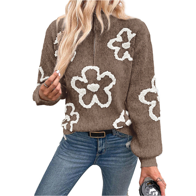 Women's Half-Cardigan Zipper Pullover Sweater with Flower Jacquard Design