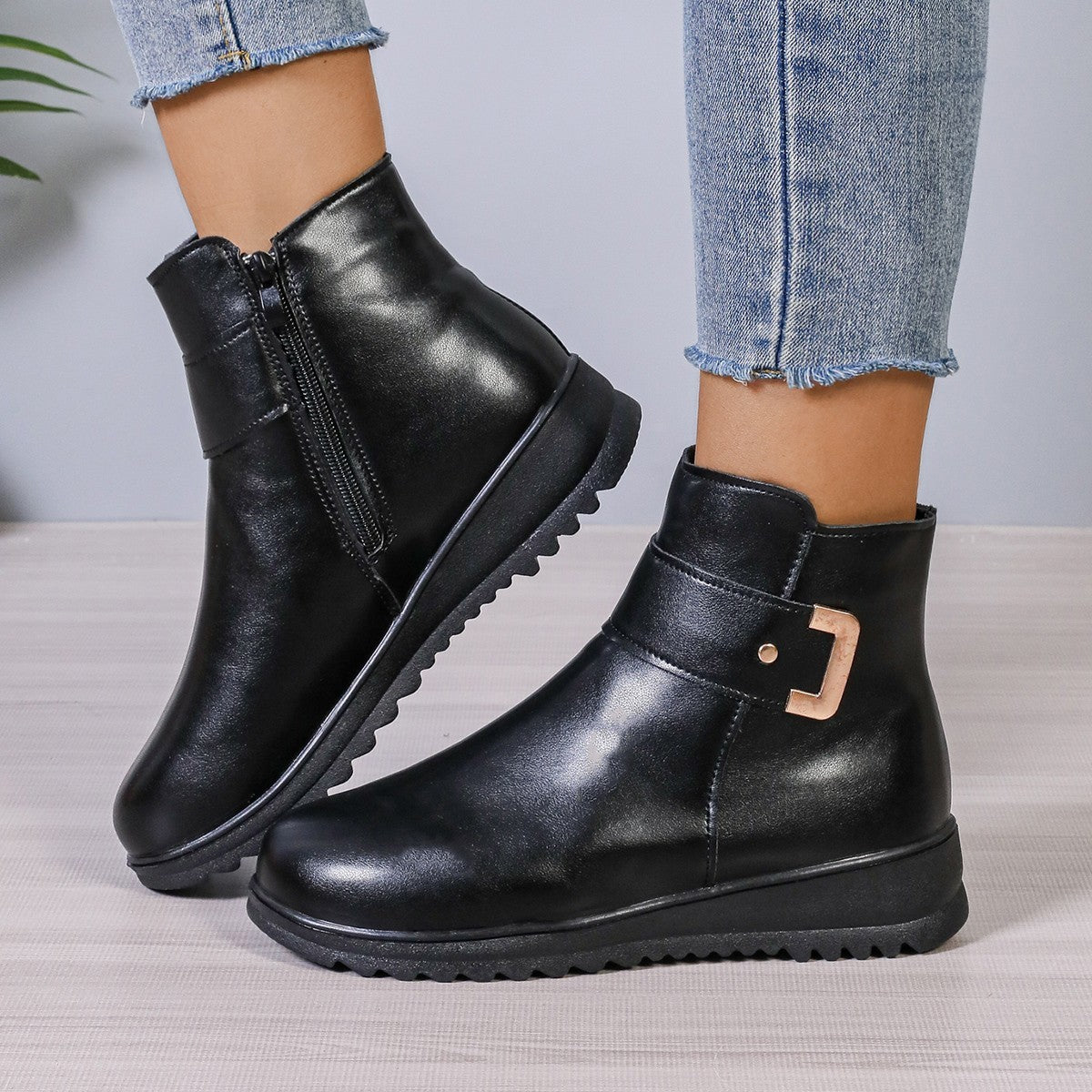 Women's Winter Fleece Ankle Boots – Warm PU Leather with Side Zipper Design, Fashionable, Simple, and Non-Slip