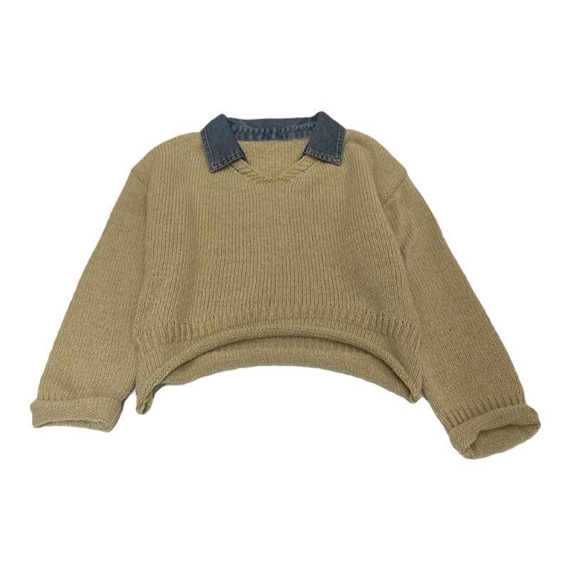 High-Grade Faux Two-Piece Knitted Top with Denim Stitching