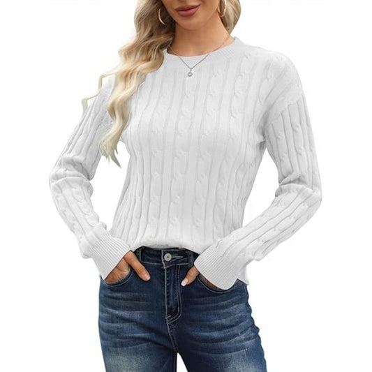 Solid Color Round Neck Pullover Sweater - Women's Long-Sleeve Base Layer