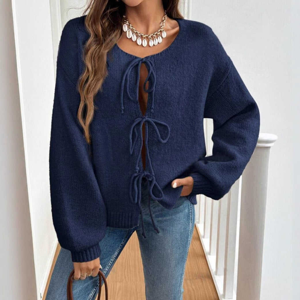 Women's Casual Loose Lace-Up Cardigan – Solid Color Sweater