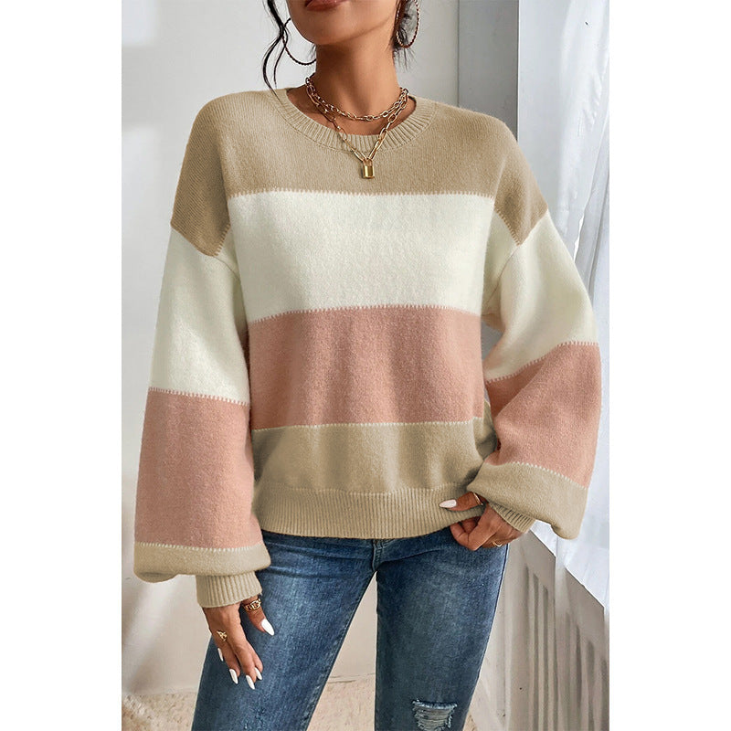 Color-Block Crew Neck Sweater – Casual Loose-Fit Lantern Sleeve Pullover for Women