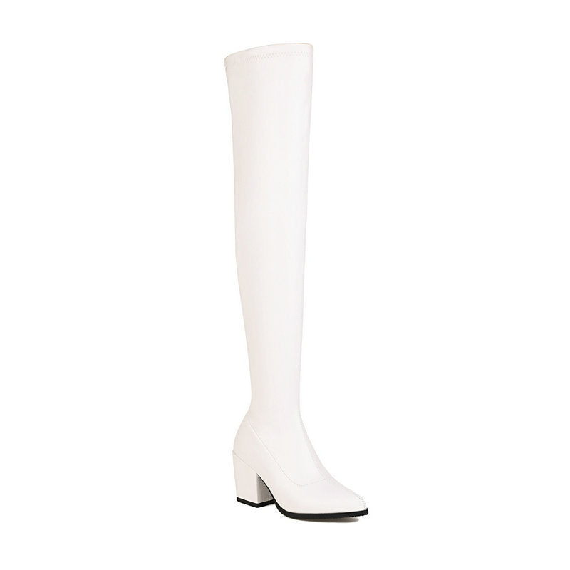 Over-the-Knee Korean Style Slimming High Leg Boots – Thick Chunky Heel, Pointed Toe, Elastic Fit