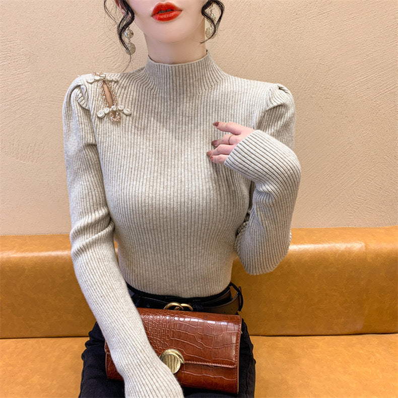 Women's Autumn and Winter National Style Puff Sleeve Half Turtleneck Slim-Fit Sweater