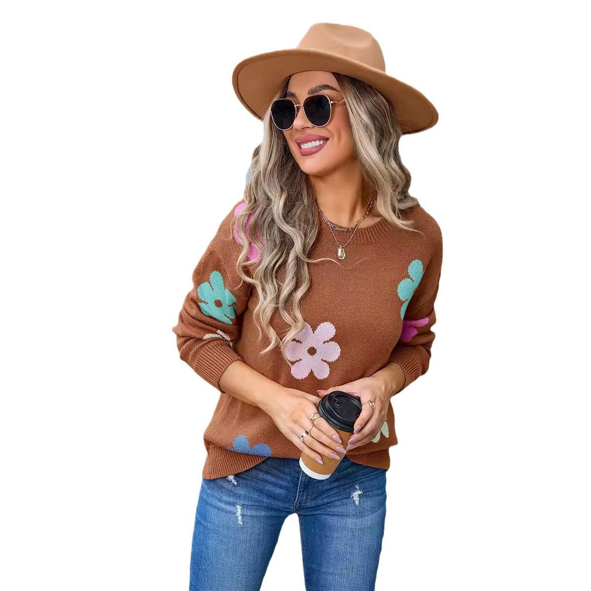 Women's Crew Neck Sweater - Floral Color-Block Design