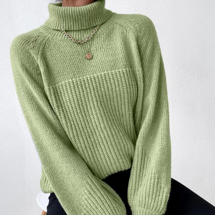 Women's Simple Lapel Raglan Sleeve Pullover Knitted Sweater