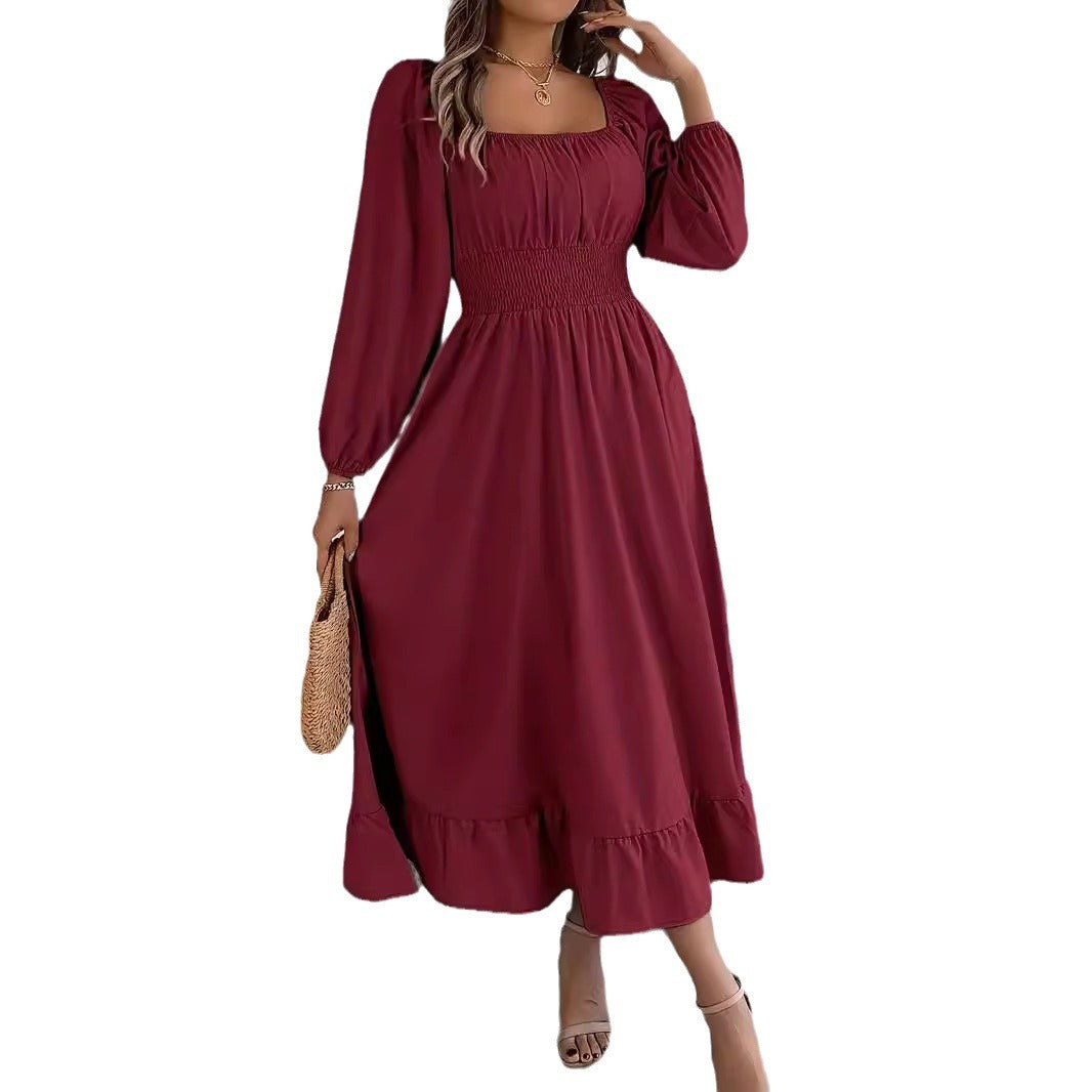 Elegant Casual Solid Color Ruffled Dress with Square Collar and Large Swing Design