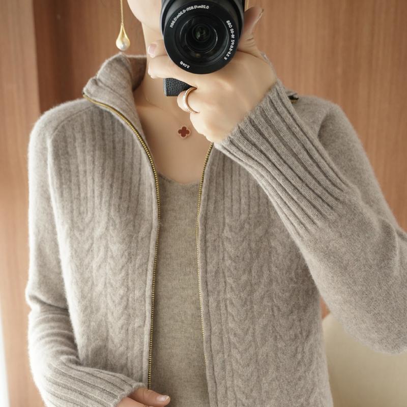 Women's Zipper Sweater Coat, Knitted Cardigan with Short Stand Collar and Loose Fit