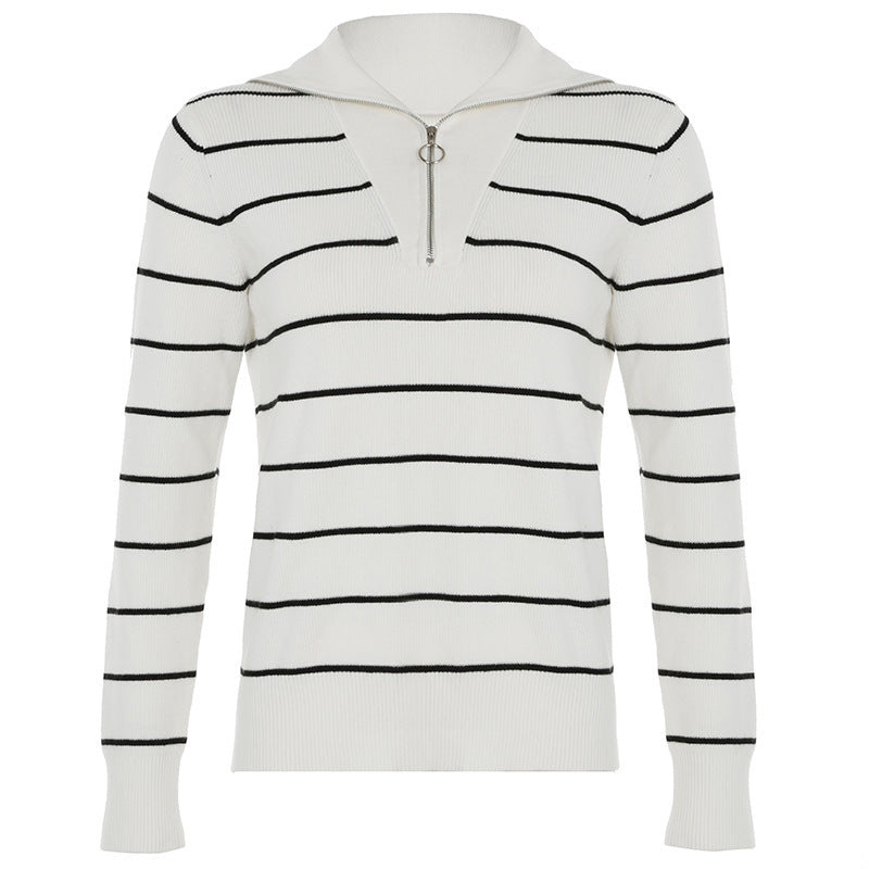 European and American Fashion Casual Striped Sweater with Lapel Collar