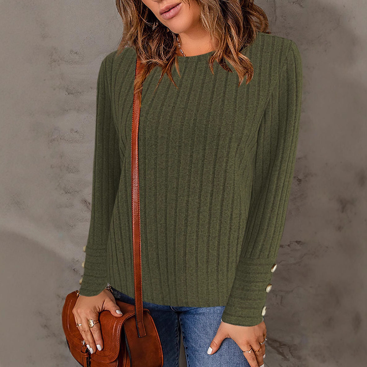 Pullover Round Neck Long Sleeve Top with Fashionable Button Detail