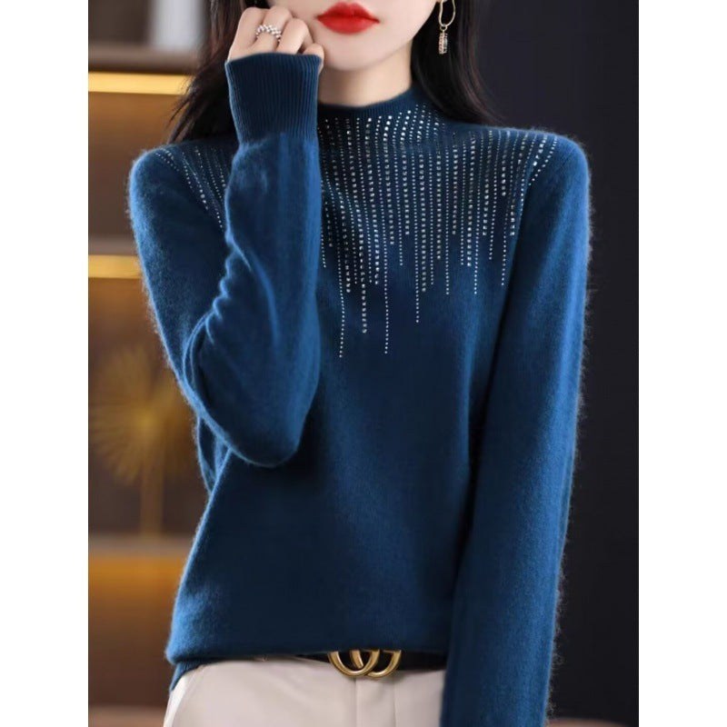 Women's Diamond-Embedded Half-Turtleneck Wool Sweater Pullover