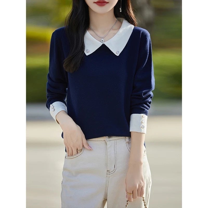 French-Inspired Contrast Color Lapel Bottoming Sweater for Women – Stylish and Trendy