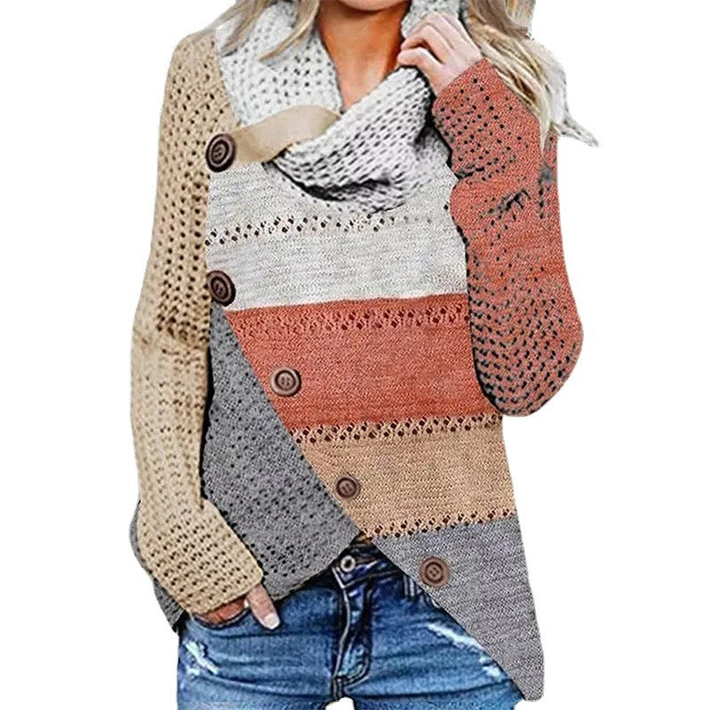 Autumn and Winter Women's Mixed-Color Stripe Irregular Sweater with Button Detail