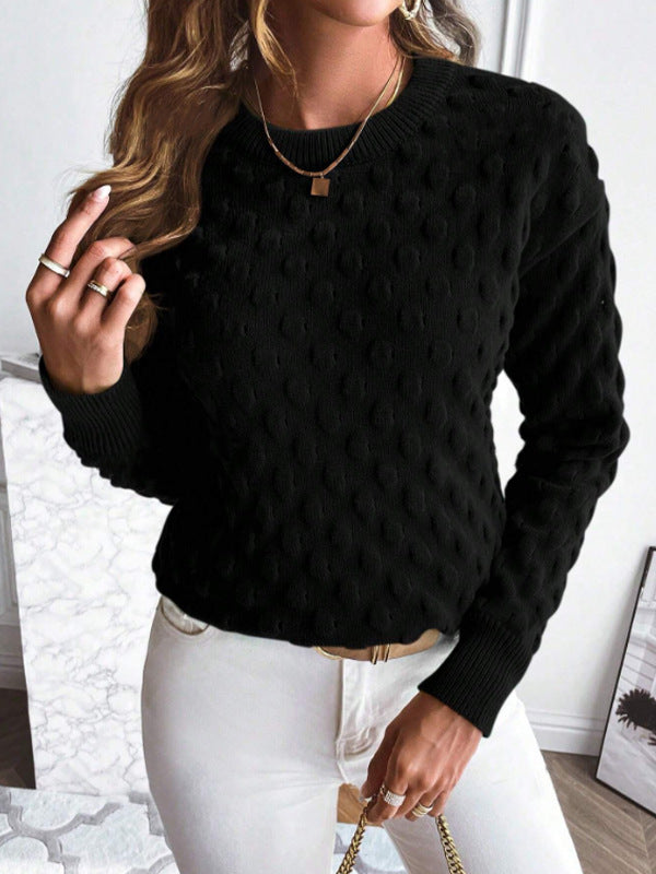 Solid Color Pullover Knitwear Top with Round Neck and Long Sleeves