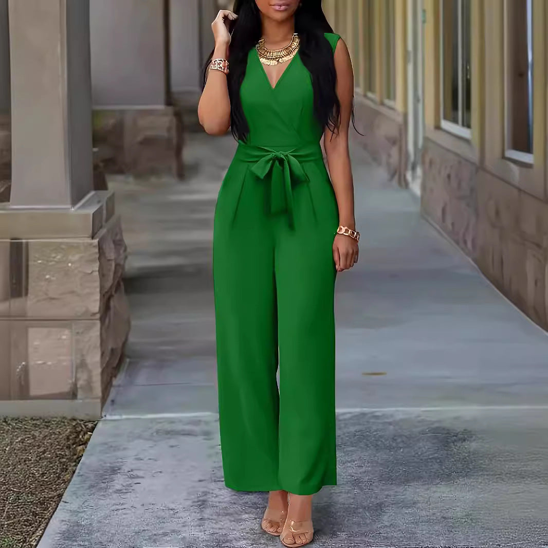 Women's V-Neck Sleeveless Wide-Leg Jumpsuit with Belt