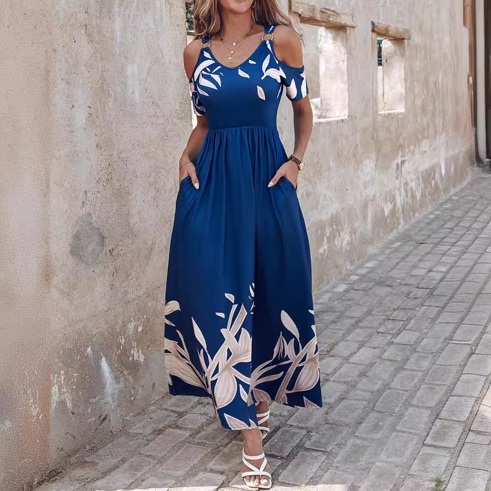 Fashionable Shoulder-Baring Printed Long Dress with Waist Control