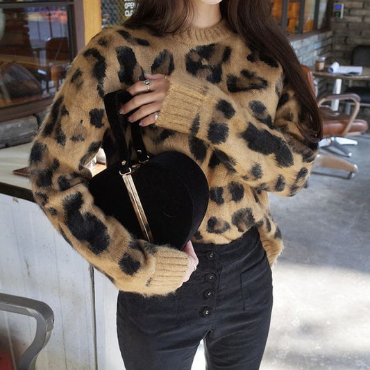 Refined Warm Leopard Print Pullover Sweater - Stylish and Versatile Thick Knit for Women