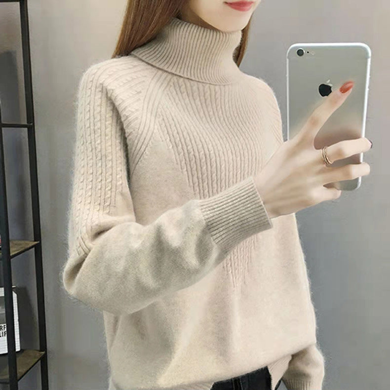 Women's Loose Fit Solid Color Twist Knit High Collar Sweater