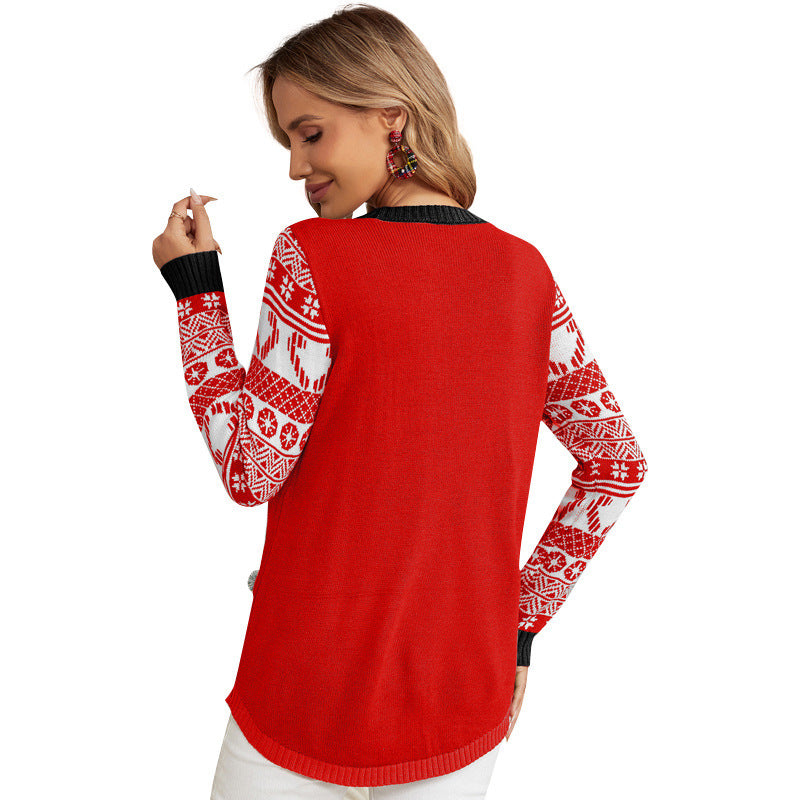 Christmas Jacquard Pullover Sweater with Embroidered Cartoon Kitten