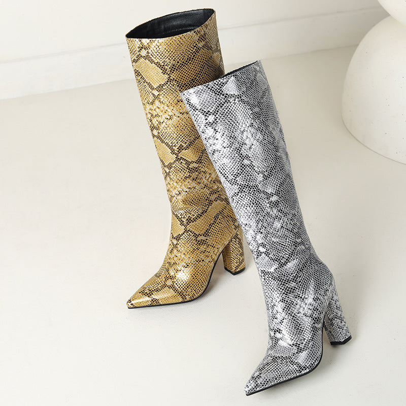 Women's Snake Print High-Heeled High Top Boots with High Leg Design