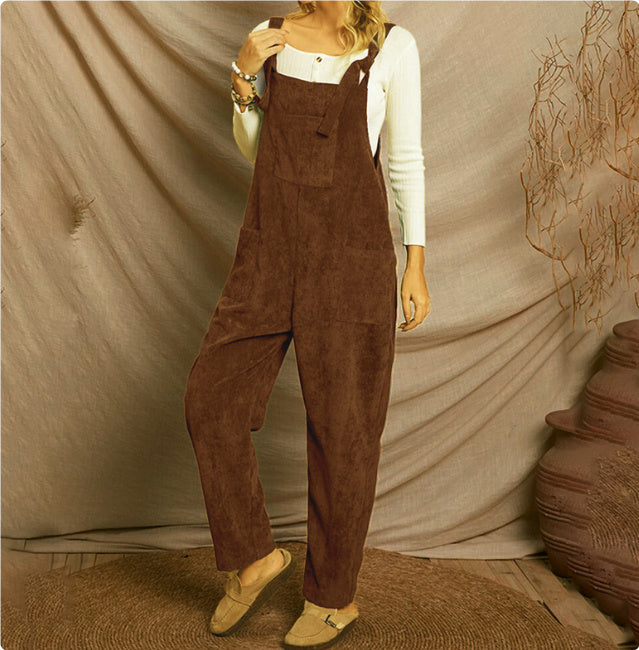 Corduroy Jumpsuit with Shoulder Straps and Multi-Pocket Design