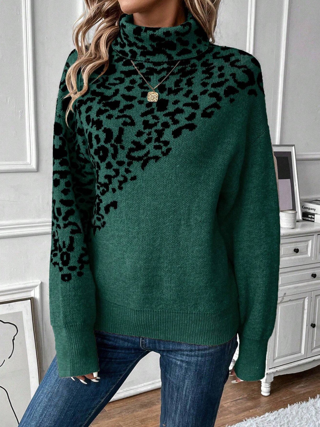 Turtleneck Leopard Print Sweater – Long Sleeve Loose Fashion Casual Style