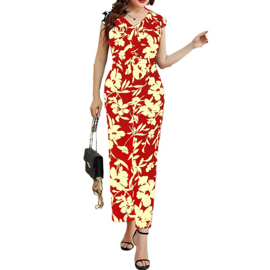 Fashionable Floral Printed Women's Sleeveless V-Neck Jumpsuit with Pockets